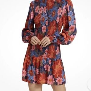 Farm Rio Garden Navy Mini Dress S Floral Print Smocked Long Sleeve
